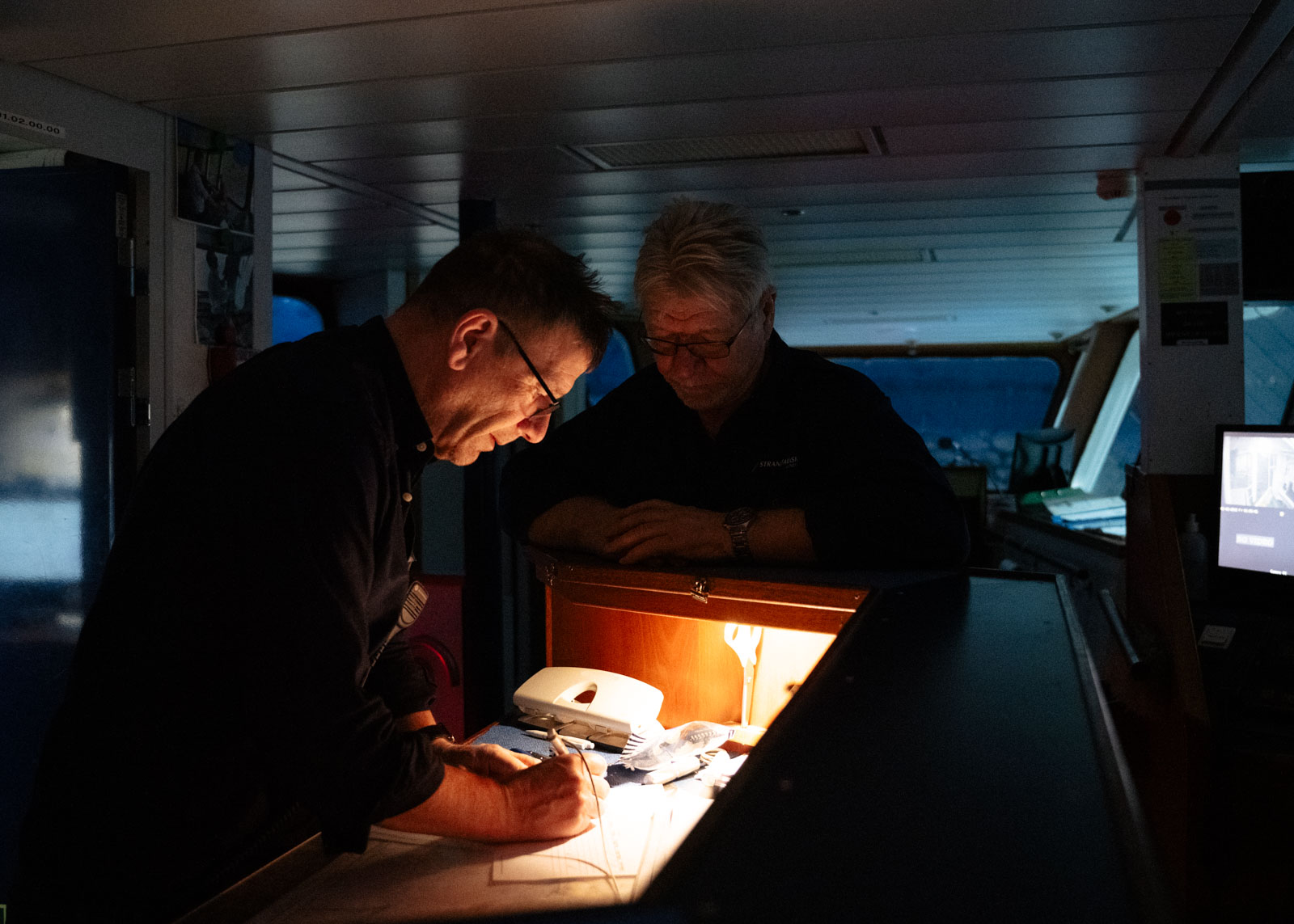 The Captain and the First Mate  preparing the schedule for the next day. The Ferry 