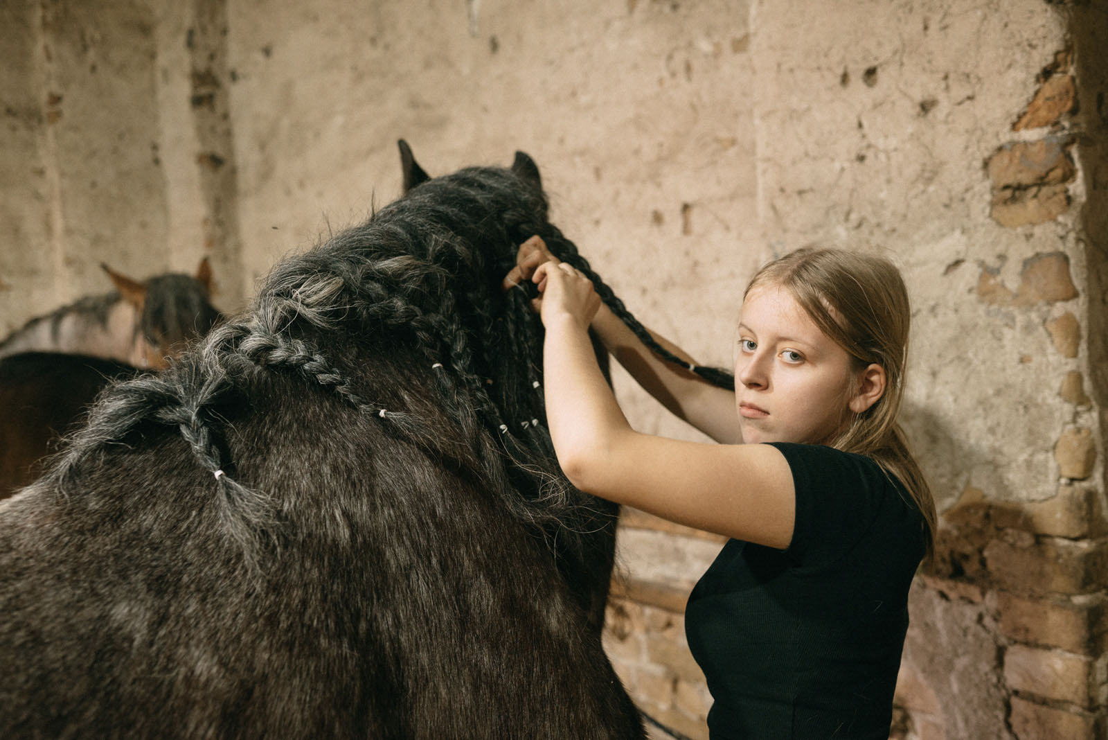 Vorbereitung auf Osterreiter in Wittechenau. Traditionell dürfen nur Männer reiten, und Frauen helfen bei der Vorbereitung der Pferde - jedes Pferd hat eine andere Frisur, 30.03.2024, Wittichenau, Deutschland, © 2024 Kseniia Apresian