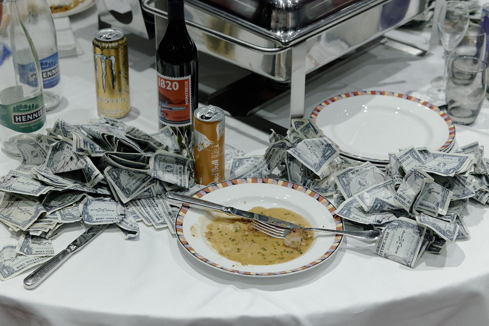 This pile of fake money is the result of fans buying them to slide them in the dancers’ underwear. Women also get a lap dance from the Pleasure Boys. 07.03.2025, Montreux, Switzerland, © 2025 Inès Riber