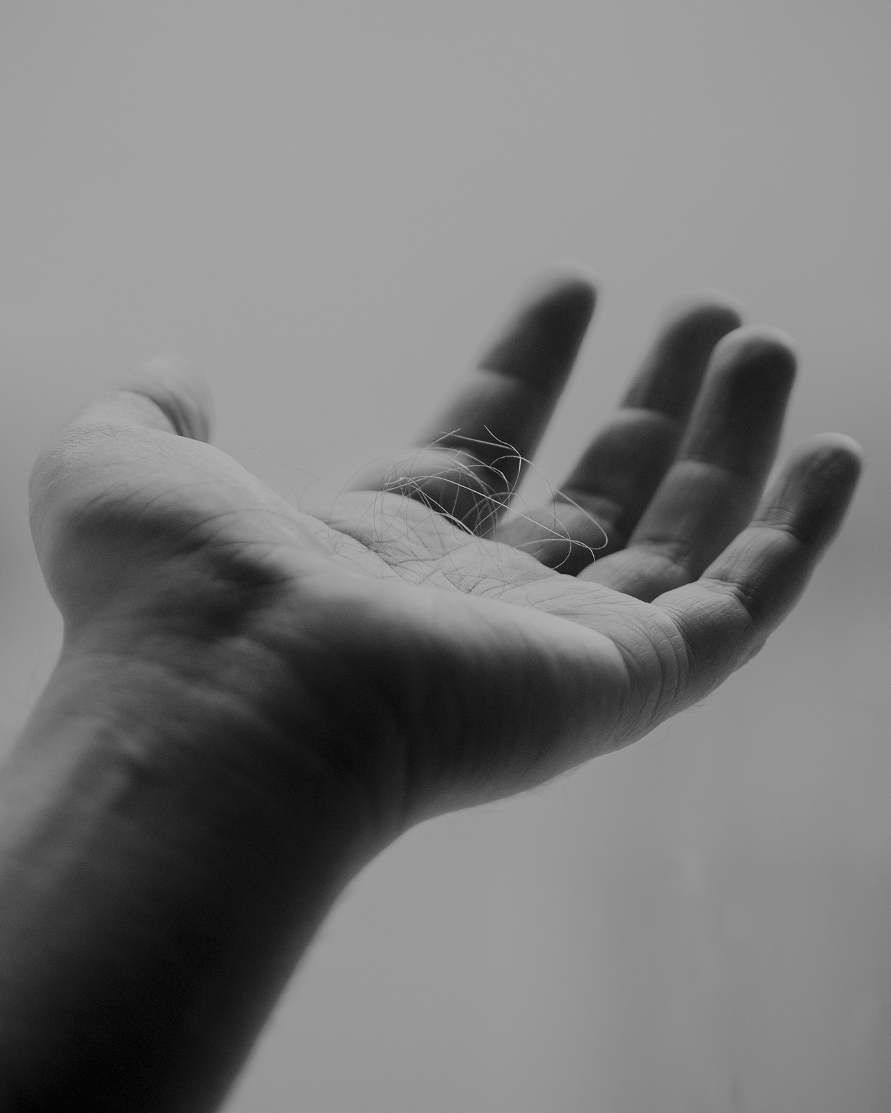 Aufnahme meiner Hand mit den Haaren meines Vaters aus seiner Bürste. Es sind eines der letzten Überreste meines Vaters. 03.12.25, Schonach im Schwarzwald, Deutschland, © 2025 Moritz Schorpp