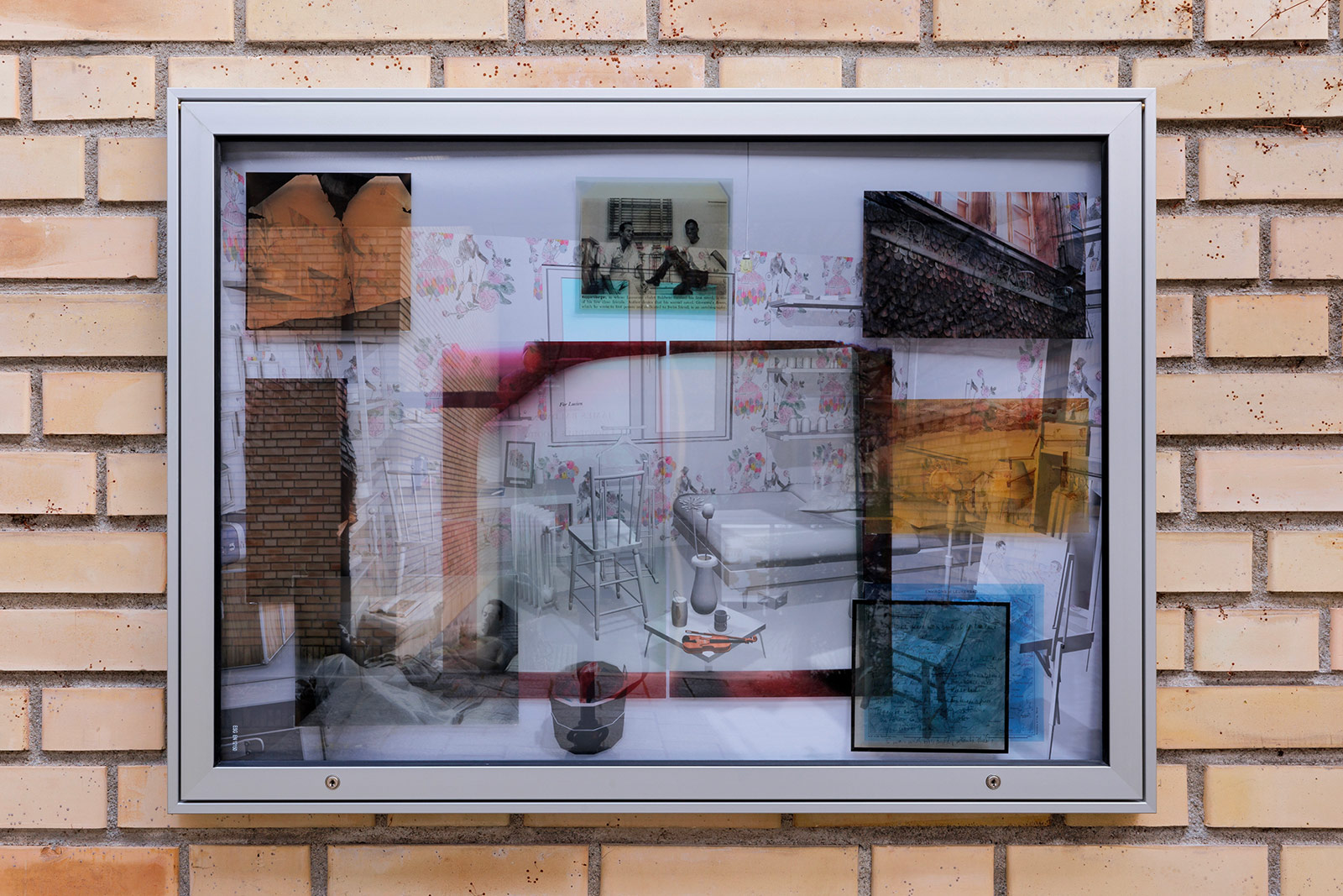 Display case, inkjet print on paper and on plastic sheet, scan of Giovanni’s room’s page by James Baldwin, digital copy of a Lucien Happersberger’s watercolor (Les Vignes Fully, 1984) and further archival material, 92 x 67 x 3 cm, 28.02.2026, Kunsthaus Glarus curated by Annette Amberg, Switzerland, © 2026 Gina Folly